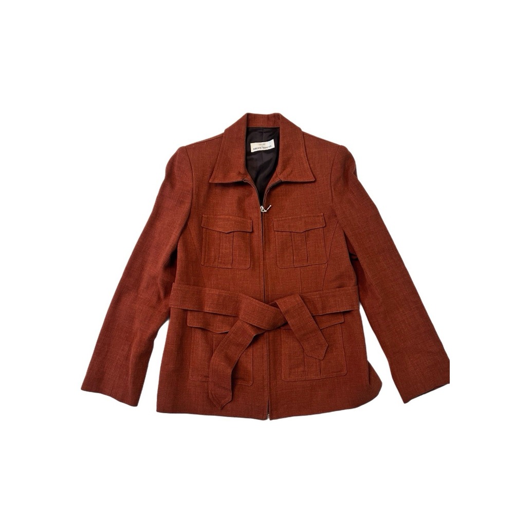 Roberto Torretta Rust Wool Linen Safari Jacket Belted Utility Zip Front SZ L